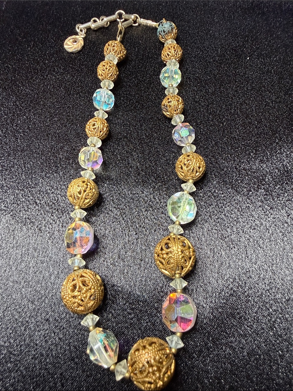 Vintage Lisner Gold -Tone Filigree Necklace with Iridescent Crystal Beads -